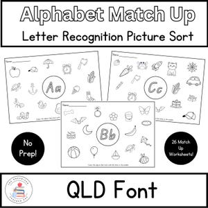 Fuentes de Queensland / Emparejamiento del alfabeto / Reconocimiento de letras para el aprendizaje temprano / Hojas de trabajo de identificación de letras e imágenes