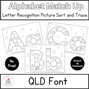 Reconocimiento de fuentes y letras del alfabeto de QLD, sonidos iniciales, hojas de trabajo para unir imágenes y trazar