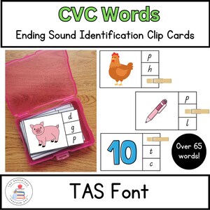 Fuente TAS / Tarjetas editables con recortes de CVC y palabras comunes / Identificación de sonidos finales / Reconocimiento de sonidos de letras / Fonética temprana y conciencia fonémica