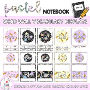 May include: A pastel-themed notebook with the word "Notebook" and "Notes" written on it. The image features word wall vocabulary displays with letters A through E, each with corresponding words and illustrations of pencils. The text "Word Wall Vocabulary Displays" is also present.