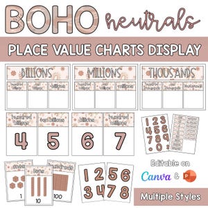 Peut inclure: Ensemble d'affichage éducatif sur le thème "BOHO neutrals". Comprend des tableaux de valeur de position pour les milliards, les millions et les milliers, ainsi que des cartes de nombres et des blocs de base dix. L'ensemble est modifiable sur Canva.
