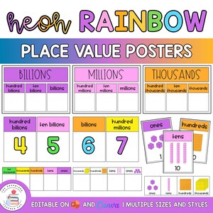 Peut inclure: Affiches de valeur de position colorées avec le mot "RAINBOW" en haut. Les affiches comprennent des sections pour les milliards, les millions et les milliers, avec des chiffres et des blocs de valeur de position. Le texte "PLACE VALUE POSTERS" est également visible.