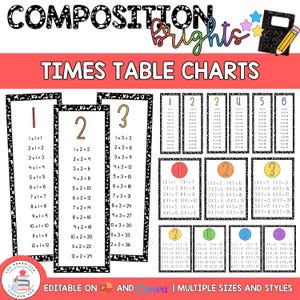 May include: A set of educational times table charts featuring black and white composition notebook patterns. The text reads COMPOSITION brights TIMES TABLE CHARTS. The charts display multiplication tables from 1 to 6 in various colorful formats.