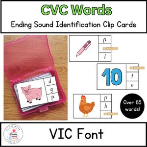 Fuente VIC / Tarjetas editables con CVC y recortes de palabras comunes / Identificación de sonidos finales / Reconocimiento de sonidos de letras / Fonética temprana y conciencia fonémica