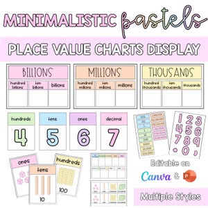 Op de afbeelding: Een verzameling pastelkleurige plaatskaarten en getalkaarten. De display bevat kaarten voor miljarden, miljoenen en duizenden, samen met kaarten met de getallen 4, 5, 6 en 7. De tekst "MINIMALISTIC pastels" staat bovenaan.