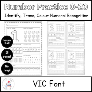 VIC Font Number Recognition Worksheets | Early Years Read, Write, Trace & Colour | Handwriting Practice | Numeral Identification