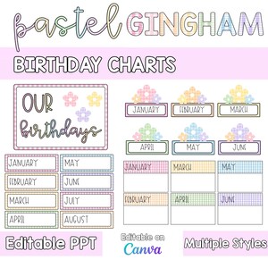 May include: A set of pastel gingham birthday charts featuring text that reads pastel GINGHAM BIRTHDAY CHARTS, OUR birthdays, and months of the year. The design includes flower accents, rectangular labels, and blank grids. The image also displays the text Editable PPT, Editable on Canva, and Multiple Styles.