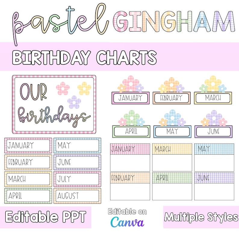 May include: A set of pastel gingham birthday charts featuring text that reads pastel GINGHAM BIRTHDAY CHARTS, OUR birthdays, and months of the year. The design includes flower accents, rectangular labels, and blank grids. The image also displays the text Editable PPT, Editable on Canva, and Multiple Styles.
