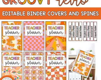 Editable Binder Labels and Spine Labels | Groovy Retro Themed Decor | Classroom Organisation | Folder Covers