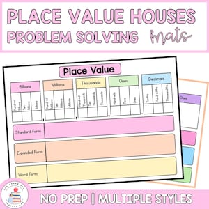 Può includere: Un colorato schema del valore posizionale per la risoluzione dei problemi, con sezioni per miliardi, milioni, migliaia, unità e decimali. Lo schema include spazi per le forme standard, estese e in parole. Il testo in alto recita "PLACE VALUE HOUSES PROBLEM SOLVING mats".