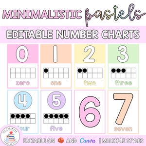 May include: A set of pastel-colored number charts, each featuring a number from zero to seven, with corresponding ten-frames. The text "MINIMALISTIC pastels" and "EDITABLE NUMBER CHARTS" are at the top. The charts are editable on Canva.