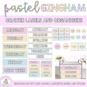 May include: A set of pastel gingham drawer labels and organizers featuring text for days of the week, school subjects, and names. The collection includes rectangular and circular labels in pink, orange, yellow, green, blue, and purple patterns.