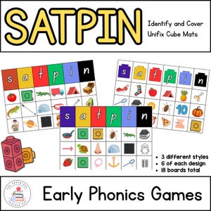 Puede incluir: Juegos de fonética temprana con coloridas tarjetas de palabras SATPIN e imágenes. El conjunto incluye 18 tarjetas con 3 estilos diferentes. Cada tarjeta tiene una cuadrícula con letras e imágenes correspondientes.
