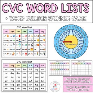 Op de afbeelding: Educatieve CVC-woordenlijsten en een woordbouwer-spinnengame. De lijsten bevatten korte klinkerwoordeinden en woorden met of zonder afbeeldingen. De game is ontworpen om kinderen te helpen leren lezen en spellen.