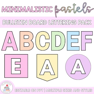 May include: A pastel-coloured bulletin board lettering pack featuring the letters A, B, C, D, E, and F in various shapes. The letters are in pink, peach, yellow, green, and blue with a white outline. The text "MINIMALISTIC pastels" is at the top.