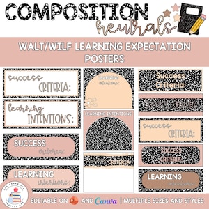 May include: A set of classroom posters titled COMPOSITION neutrals WALT/WILF LEARNING EXPECTATION POSTERS. The designs feature black and white speckled patterns, soft beige, and pink accents with text reading SUCCESS CRITERIA and LEARNING INTENTIONS.