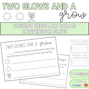 Puede incluir: Un conjunto de formularios de retroalimentación estudiantil y hojas de conferencia. Los formularios presentan el texto "TWO GLOWS AND A grow" e incluyen espacios para comentarios. El diseño incorpora gráficos de sol y plantas. Los formularios están etiquetados como "Student Feedback Forms Conference Slips."