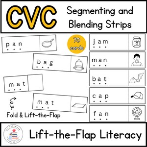 Könnte beinhalten: Lehrreiche CVC-Wortstreifen zum Segmentieren und Mischen. Die Streifen zeigen Wörter wie "pan", "bag" und "mat" mit entsprechenden Illustrationen. Das Set enthält 70 Karten und ist für die Lift-the-Flap-Literacy konzipiert.