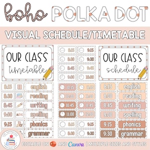 Orario visivo modificabile in stile boho neutro a pois / Schede per l'organizzazione e la decorazione dell'aula