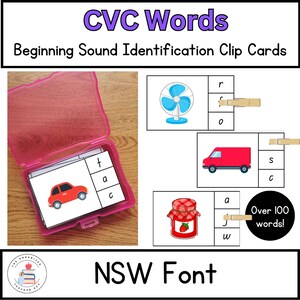Fuente NSW / Tarjetas con recortes de CVC y palabras comunes / Identificación de sonidos iniciales / Reconocimiento de sonidos de letras / Fonética temprana y conciencia fonémica