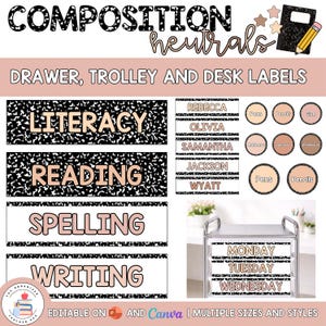 May include: A set of printable labels for drawers, trolleys, and desks featuring a black and white composition notebook pattern with light tan text. The labels include words like Literacy, Reading, Spelling, Writing, and days of the week.