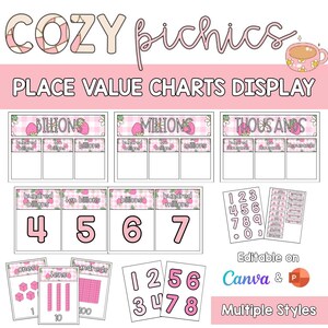 Peut inclure: Présentation de tableaux de valeurs de position et de cartes de nombres roses avec des accents de fraises. L'affichage comprend des tableaux pour les milliards, les millions et les milliers, ainsi que des cartes de nombres de 0 à 9.