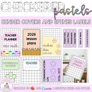 May include: A digital set of binder covers and spine labels featuring a checkered grid pattern in pastel colors. The designs include text such as Teacher Planner, 2026 lesson plans, student data, and communication log, decorated with pencil, star, and flower graphics.
