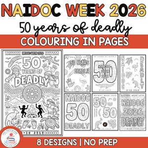 Może przedstawiać: Zestaw ośmiu czarno-białych kolorowanek z napisem "NAIDOC WEEK 2026" i "50 lat śmiertelnych". Każdy wzór zawiera ilustracje kultury Aborygenów, zwierząt i symboli. Strony są przeznaczone do kolorowania.