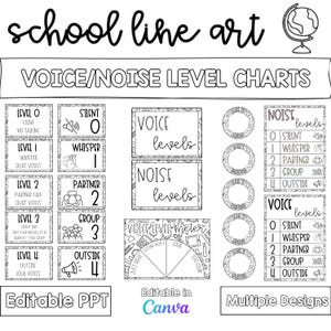 May include: Black and white school line art featuring voice and noise level charts. The charts include levels for silent, whisper, partner, group, and outside voices. Editable in PPT and Canva, with multiple designs.
