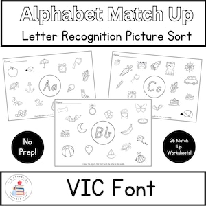 Fuente VIC / Emparejamiento del alfabeto / Reconocimiento de letras para el aprendizaje temprano / Hojas de trabajo de identificación de letras e imágenes