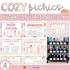 Könnte beinhalten: Ein digitales Display-Set mit dem Titel Cozy Picnics Hydration Station Display, bestehend aus druckbaren Schildern in Rosa und Weiß, Illustrationen von Wasserflaschen und Verhaltensregeln sowie einem schwarzen Rollwagen mit drei Ebenen.