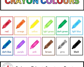 May include: A set of 12 color identification posters featuring crayon illustrations with the corresponding color name below each crayon. The posters are titled "Crayon Colours" and "Colour Identification Posters".