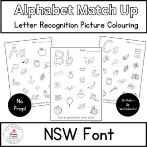 Fuente NSW / Reconocimiento de letras del alfabeto / Identificación de letras iniciales / Imagen - Emparejamiento de letras para colorear / Aprendizaje temprano en jardín de infantes