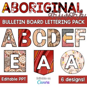 May include: A bulletin board lettering pack with Aboriginal artwork. The letters A to F are shown in different designs. The image includes the text "Editable PPT", "Editable on Canva", and "6 designs!"