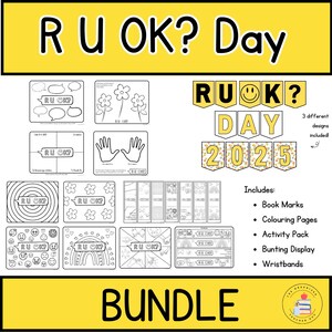 以下が含まれることがあります： 「R U OK? Day」の教育用資料のバンドル。黄色のバナーに「R U OK? Day」の文字があります。ブックマーク、塗り絵、アクティビティパック、ペナントディスプレイ、リストバンドが含まれています。「BUNDLE」の文字が下にあります。