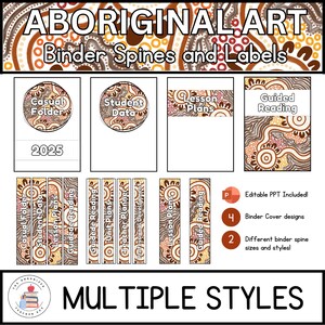 以下が含まれることがあります： 茶色、黄色、赤の色合いでアボリジニの芸術パターンを特徴とする、印刷可能なバインダーの背表紙とラベルのデザインセット。デザインには、「カジュアルフォルダー」、「学生データ」、「授業計画」、「指導読書」のラベルが含まれています。「2025」というテキストも含まれています。「Editable PPT Included!」というテキストが含まれています。「Binder Cover designs」というテキストが含まれています。「Different binder spine sizes and styles!」というテキストが含まれています。「MULTIPLE STYLES」というテキストが含まれています。