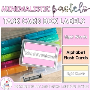 Può includere: Immagine di etichette per scatole di schede attività con il testo "MINIMALISTIC pastels TASK CARD BOX LABELS". L'immagine mostra etichette per "Word Problems", "Sight Words" e "Alphabet Flash Cards". Le etichette sono rosa, pesca e gialle.