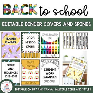 May include: A digital display of editable binder covers and spines for school organization. The set includes designs with pencils, rainbows, and apples, featuring text like Teacher Planner, 2026 Lesson Plans, and Student Work Samples on various backgrounds.