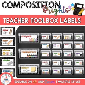 May include: A black teacher toolbox organiser featuring multiple clear drawers with labels. The labels have a black and white composition notebook pattern border and text including crayons, highlighters, sticky notes, paper clips, and band-aids.