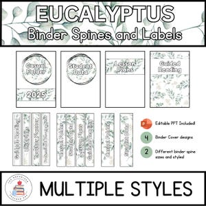 May include: Eucalyptus themed binder spine and label templates for teachers. Includes 4 different cover designs and 2 different spine sizes and styles. Editable PPT included.