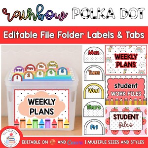 Editable Hanging File Folder Tabs & Labels | Student Data and Planning | Assessment Box | Teacher Organisation | Rainbow Polka Dot Decor