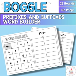 Könnte beinhalten: Lehrreiche Arbeitsblätter zum Wortaufbau mit dem Titel "BOGGLE" oben. Die Arbeitsblätter sind für das Erlernen von Präfixen und Suffixen konzipiert. Das Hauptarbeitsblatt enthält ein Raster zum Erstellen von Wörtern.