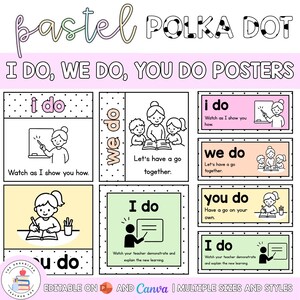 May include: A set of educational posters titled Pastel Polka Dot I Do, We Do, You Do Posters. The posters feature black and white line art illustrations of teachers and students, with pastel-colored backgrounds and text instructions for classroom use.