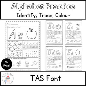 Hojas de práctica del alfabeto de fuentes TAS / Reconocimiento de letras / Identificar, trazar, colorear / Conciencia fonológica y fonémica / Fonética temprana