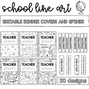 May include: Black and white school-themed binder covers and spines. The image includes the text "school line art" and "EDITABLE BINDER COVERS AND SPINES". There are six binder covers labelled "TEACHER planner" and various spine labels.