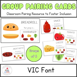 Groupes de 6 cartes d'associations de polices de caractères VIC | Cartes de partenariat pour le travail en groupe | Gestion de classe et inclusivité