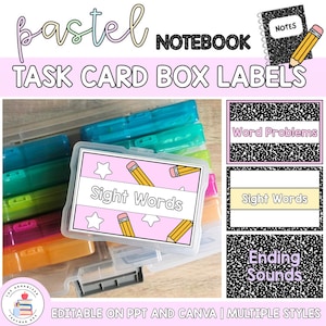 May include: Pastel-themed task card box labels with the words "Sight Words", "Word Problems", and "Ending Sounds". The labels feature a pink background with pencil and star illustrations. The image also includes a notebook graphic.