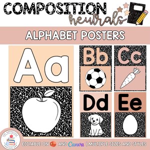 May include: A set of alphabet posters featuring the text COMPOSITION neutrals ALPHABET POSTERS. The posters display letters Aa through Ee with corresponding illustrations of an apple, soccer ball, carrot, puppy, and egg against a black speckled background.