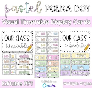 Pode incluir: Cartões de exibição de horário visual em bolinhas pastel. Os cartões apresentam um horário e um cronograma de aulas com horários e disciplinas como inglês, leitura e história. O design inclui um esquema de cores pastel e é editável em PPT e Canva.