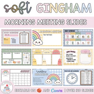 Pode incluir: Um conjunto digital de slides de reunião matinal Soft Gingham com modelos em tons pastel para horários diários, clima, estações e tarefas escolares. Os slides incluem gráficos de arco-íris, nuvens e estrelas com campos de texto editáveis.